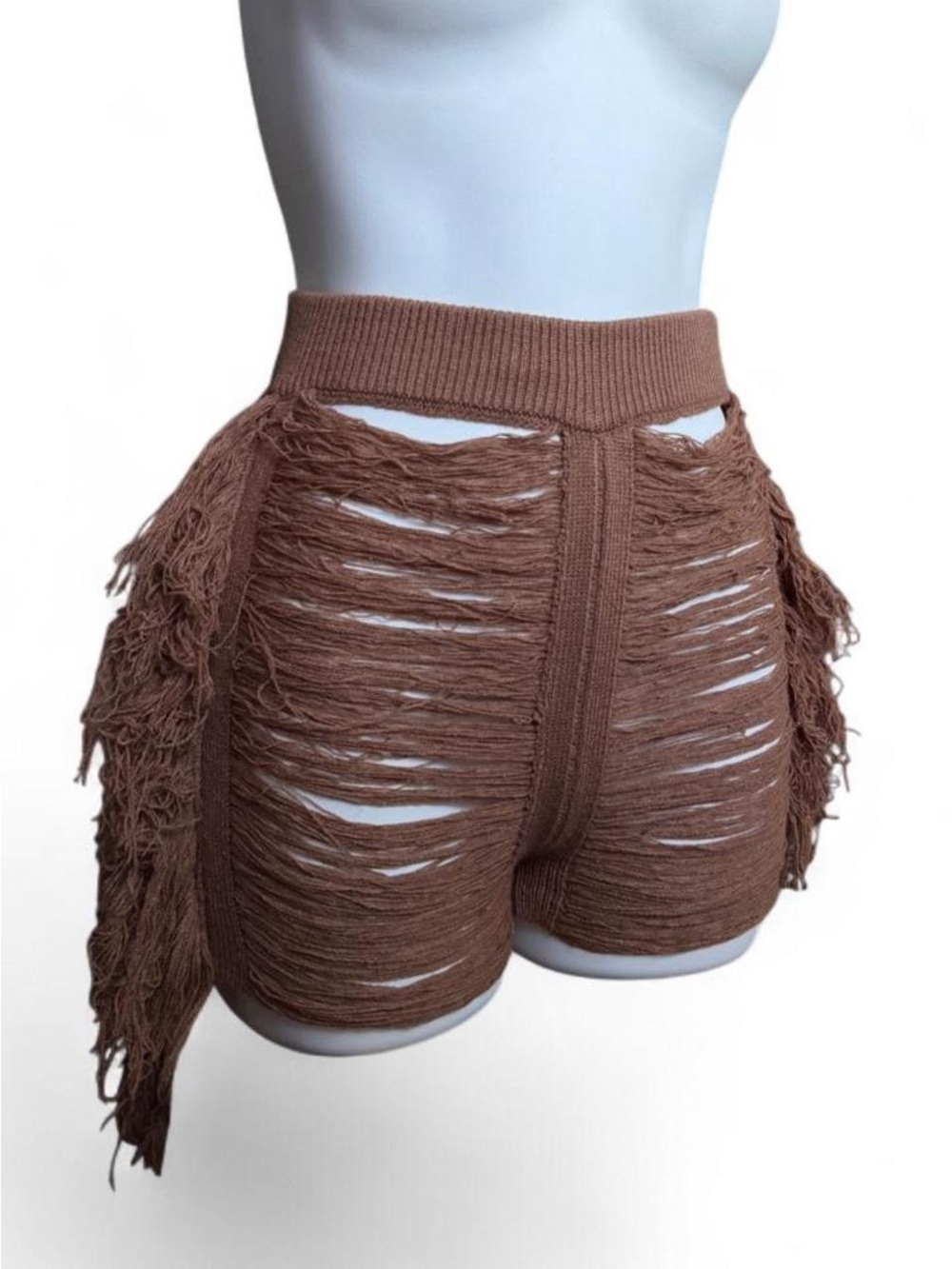 High-Waist Fringe Knit Shorts in Brown - Picture 3 of 6